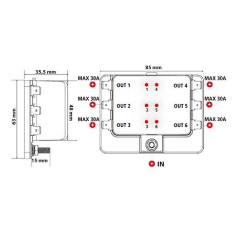 12/24V fuse box 1 input - 6 outputs