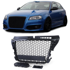 Calandre look sport pour Audi A3 8P 08-12, contour noir brillant avec supports pour plaque et logo